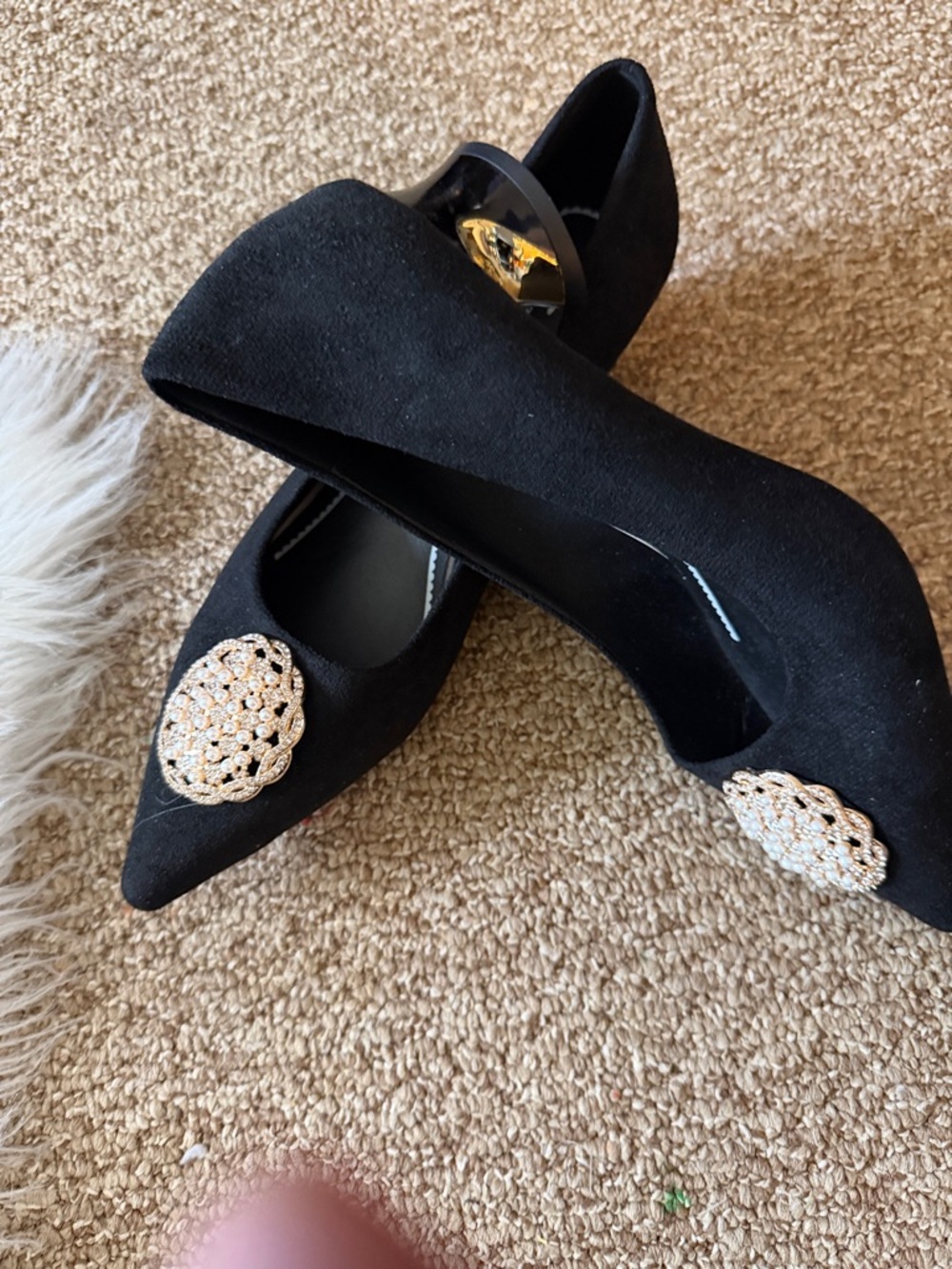 Fashion Brand Company Black Pointed Toe Heels with Gold Crystal Medallions